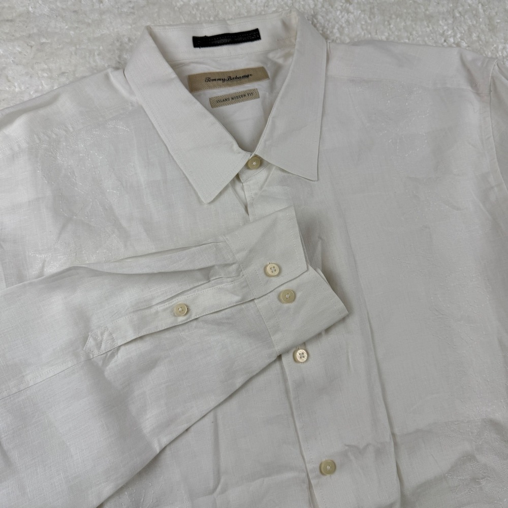 Tommy Bahama Mens XL White 100%‎ Linen Floral Jacquard Island Modern Fit Shirt